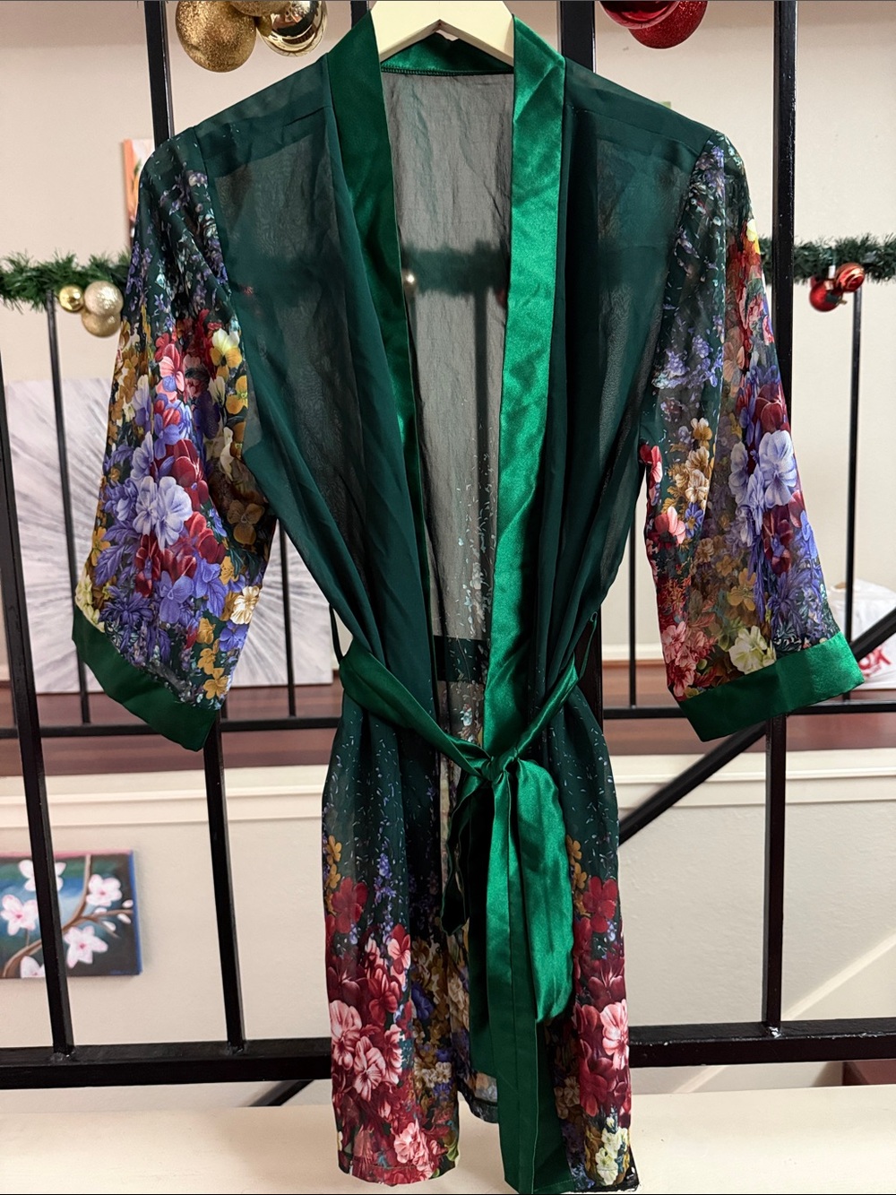 Emerald Green Sheer Floral Robe Belted Jacket